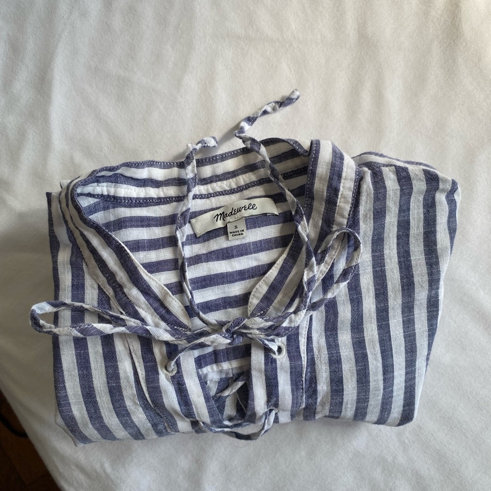 Madewell Striped Lace Up Blouse Womens Small Blue White Cotton Lightweight Top - Picture 10 of 11